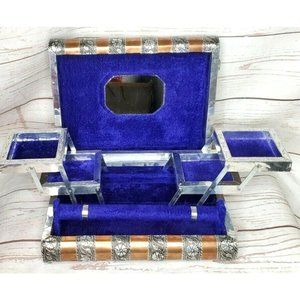 Vintage Embossed Brass Locking Book shape Jewelry Box Silver Repousse Blue Lined
